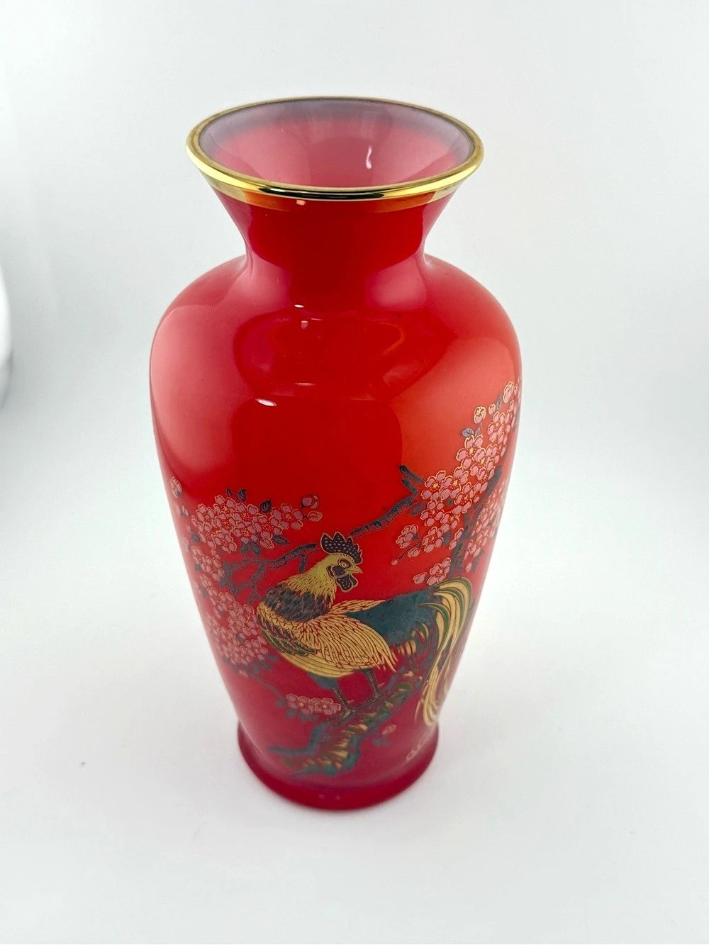 vintage Asian-style "pigeon blood" ruby red cased glass vase